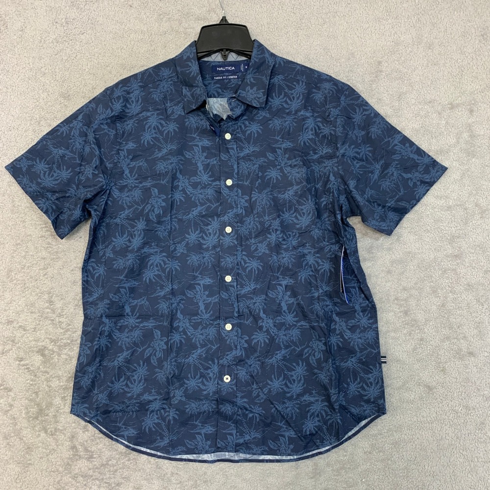 NWT Nautica Button Down Shirt Men's M Navy Blue Cotton Lyocell Tropical Print